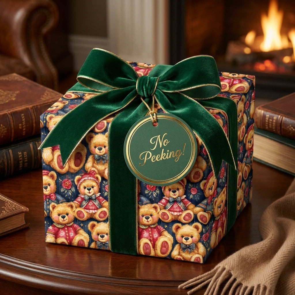 Teddy bear Christmas wrapping paper with a green velvet bow on a holiday gift box by Wrapped Studios.