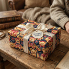 Vintage teddy bear Christmas wrapping paper on a gift box with cream bow, by Wrapped Studios.