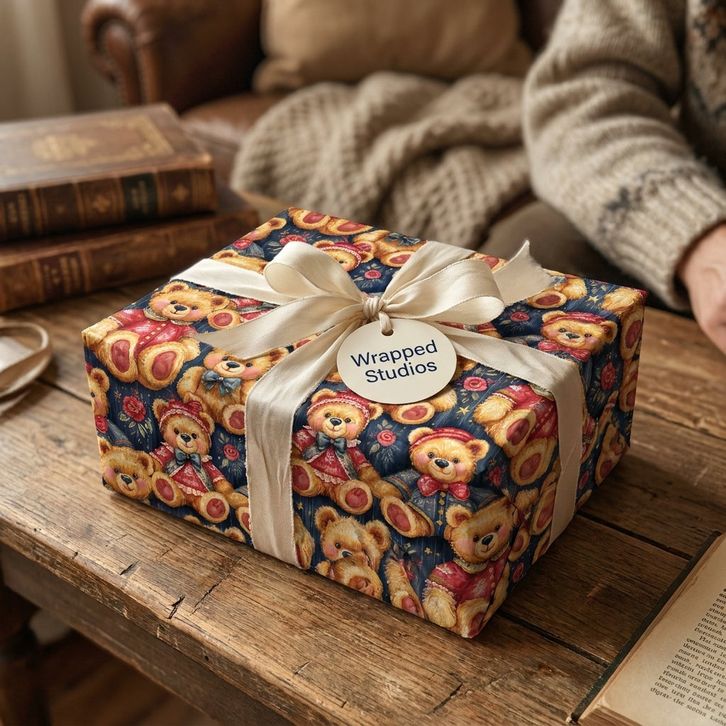 Vintage teddy bear Christmas wrapping paper on a gift box with cream bow, by Wrapped Studios.