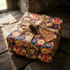 Vintage teddy bear Christmas wrapping paper by Wrapped Studios on a rustic gift box with twine.