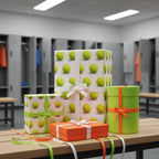Wrapped gifts in tennis ball print wrapping paper with ribbons. For sports birthday gifts!