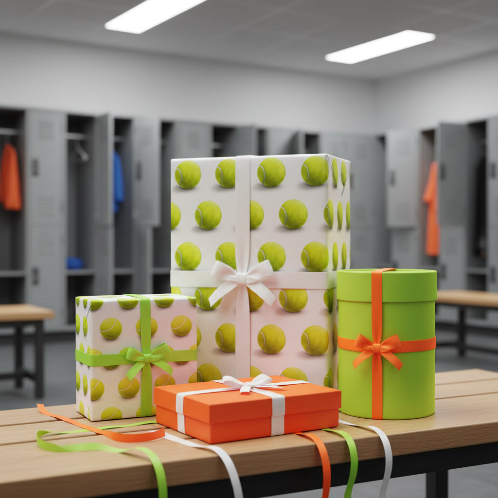 Wrapped gifts in tennis ball print wrapping paper with ribbons. For sports birthday gifts!