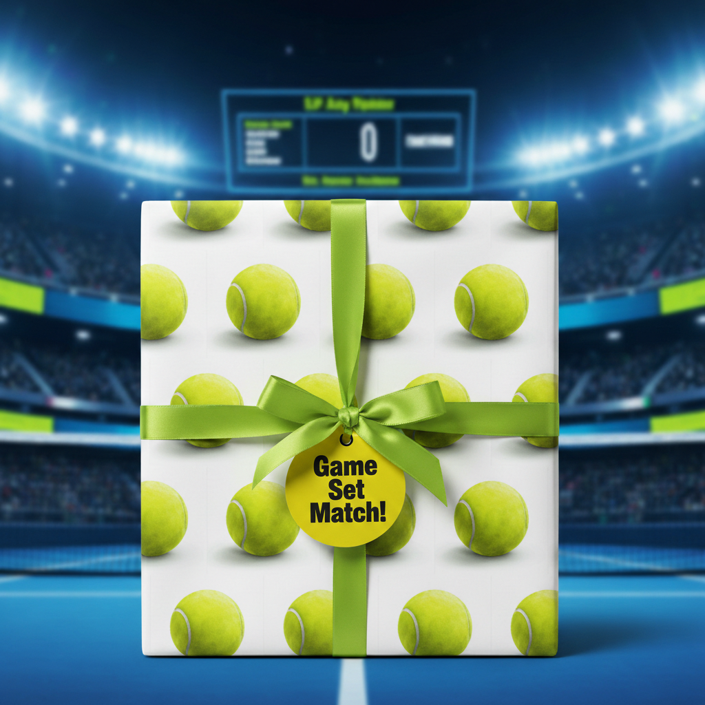 Gift box wrapped in tennis ball print paper with green ribbon for tennis fan!