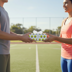 Person receiving tennis ball patterned birthday wrapping paper with white ribbon.