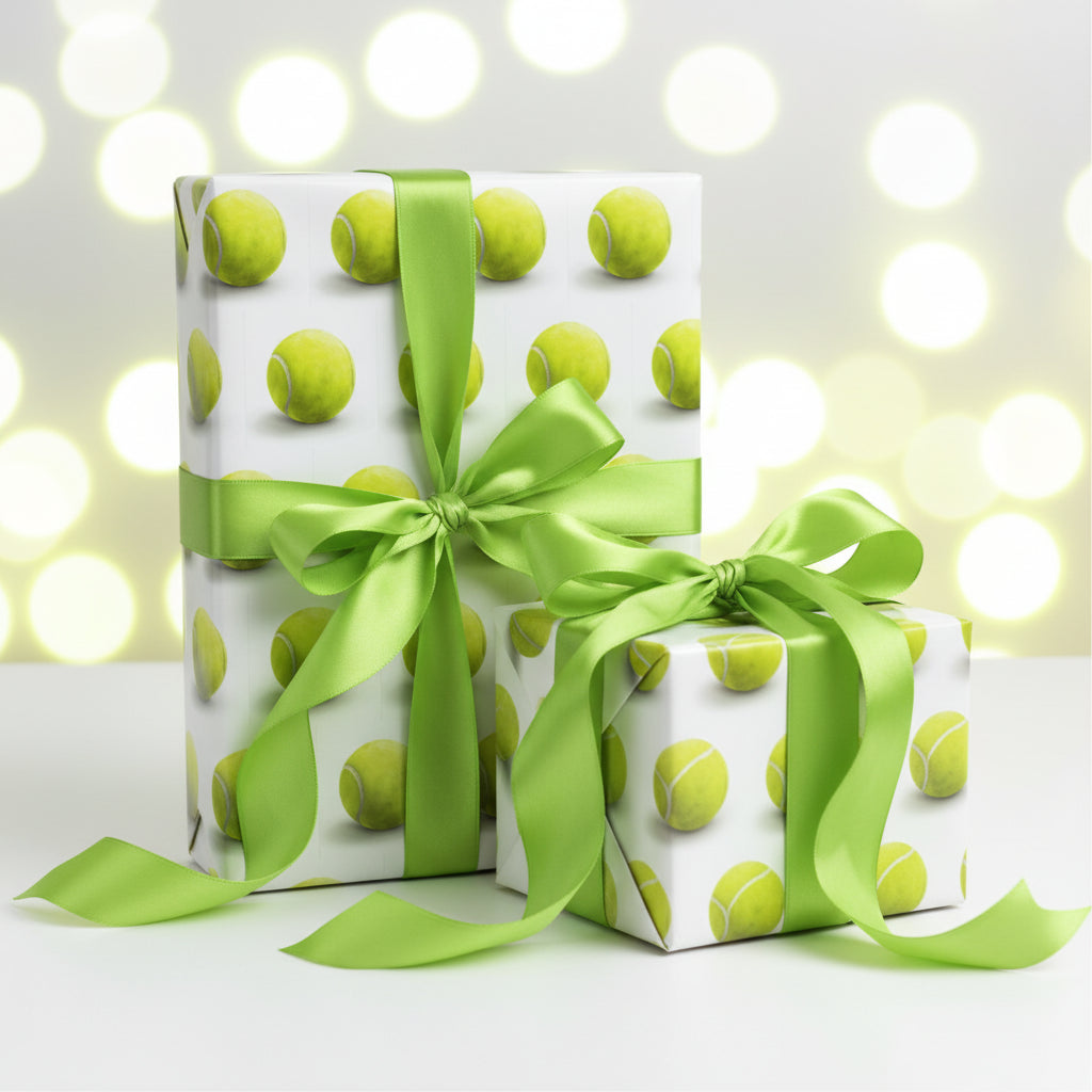 Wrapped gifts in playful tennis ball wrapping paper with green ribbon.