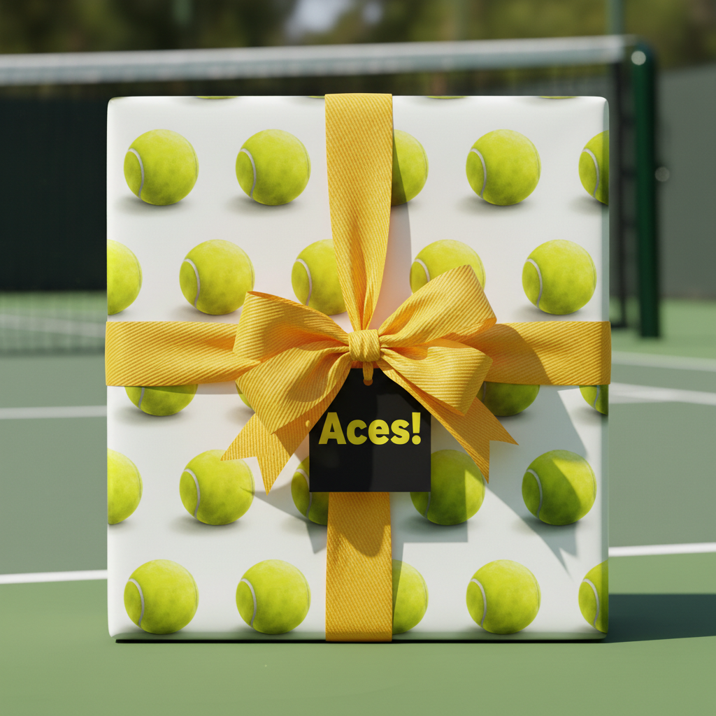 Tennis ball gift wrapping paper with gold ribbon and "Aces!" tag, perfect for a tennis lover's birthday.