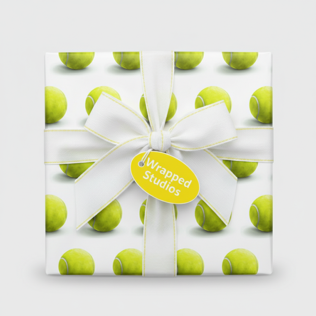 Gift wrapped in tennis ball wrapping paper with white ribbon and Wrapped Studios tag.