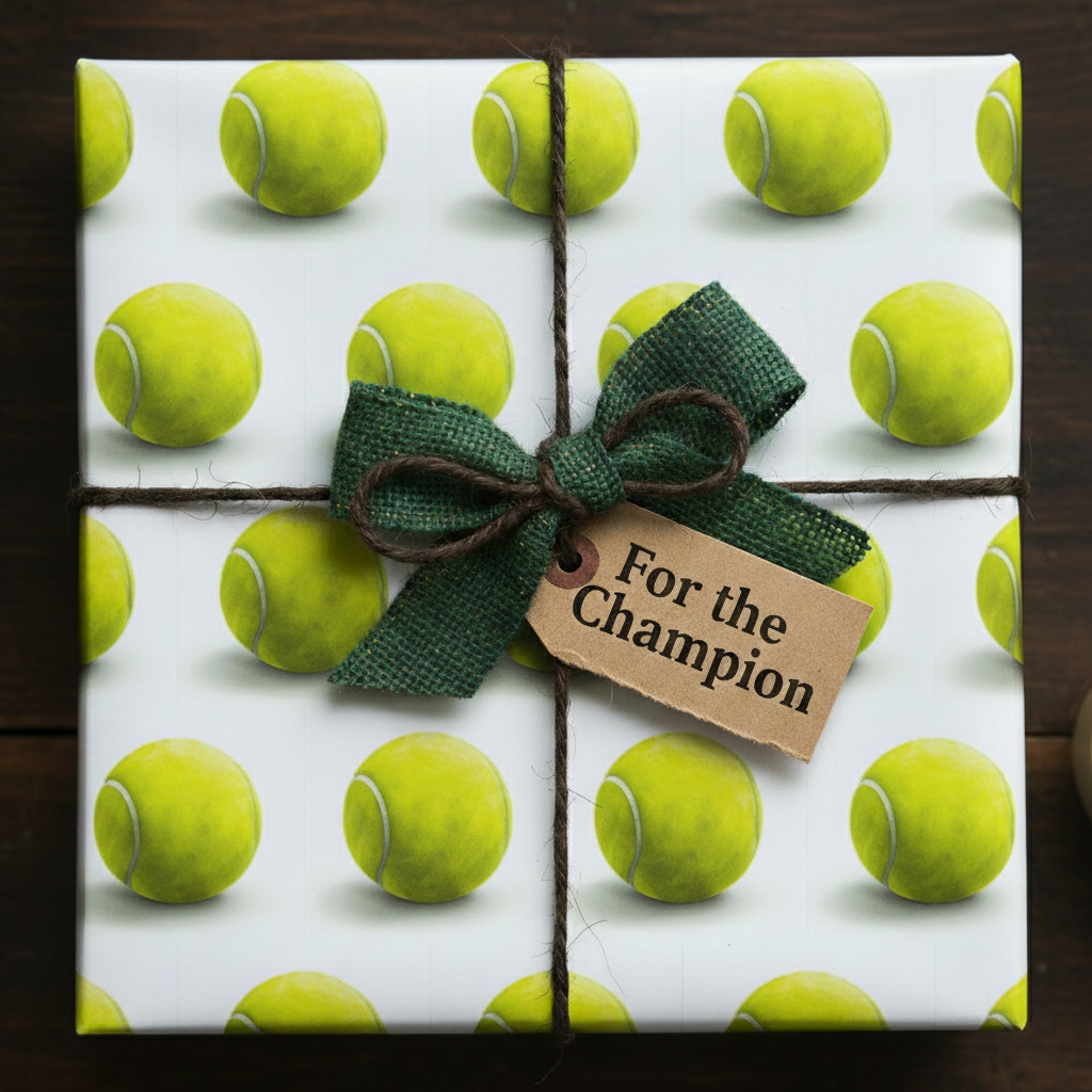 Tennis ball wrapping paper with rustic ribbon and "For the Champion" gift tag.