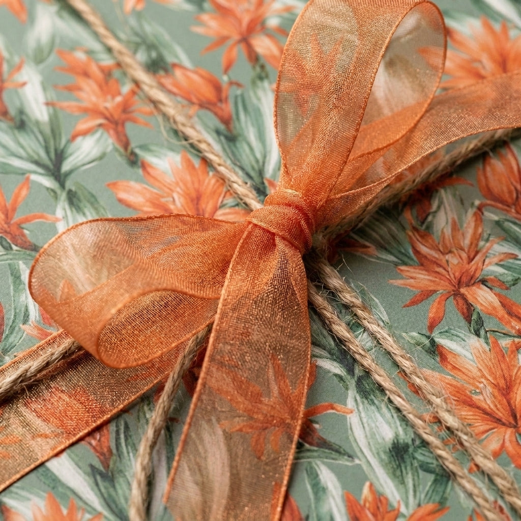 Sage green floral wrapping paper with an orange ribbon bow and rustic twine, by Wrapped Studios.