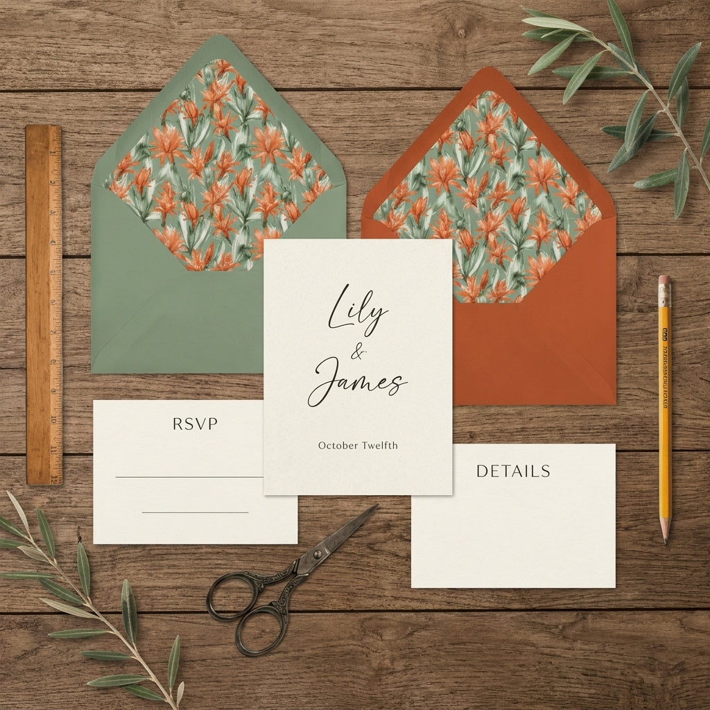 Rustic floral wedding invitation suite with sage and terracotta envelopes by Wrapped Studios.
