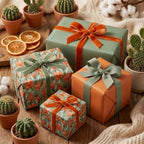 Boho floral wrapping paper and sage green luxury gift wrap with velvet bows by Wrapped Studios.