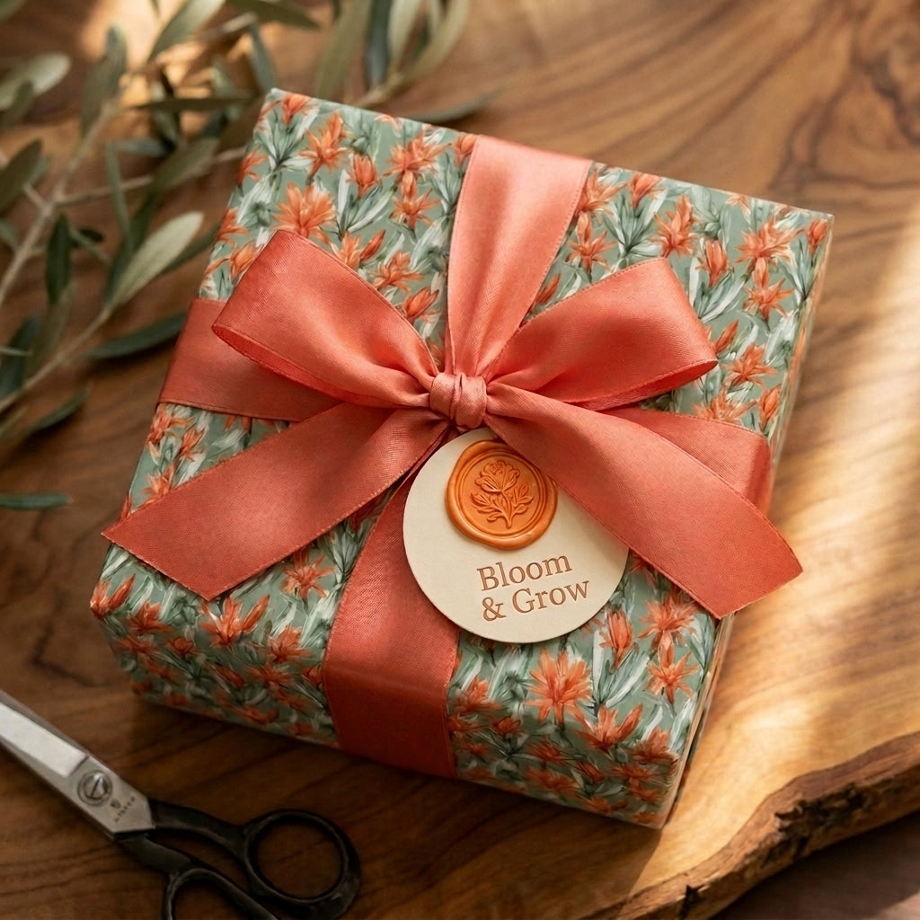 Luxury floral gift wrap with sage green and coral botanical print and satin ribbon by Wrapped Studios.