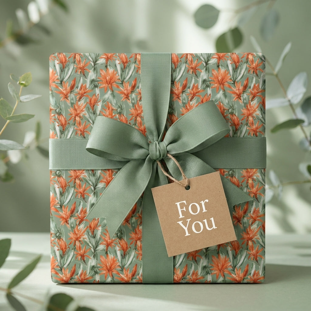Sage green botanical floral wrapping paper with orange flowers and matching bow by Wrapped Studios.