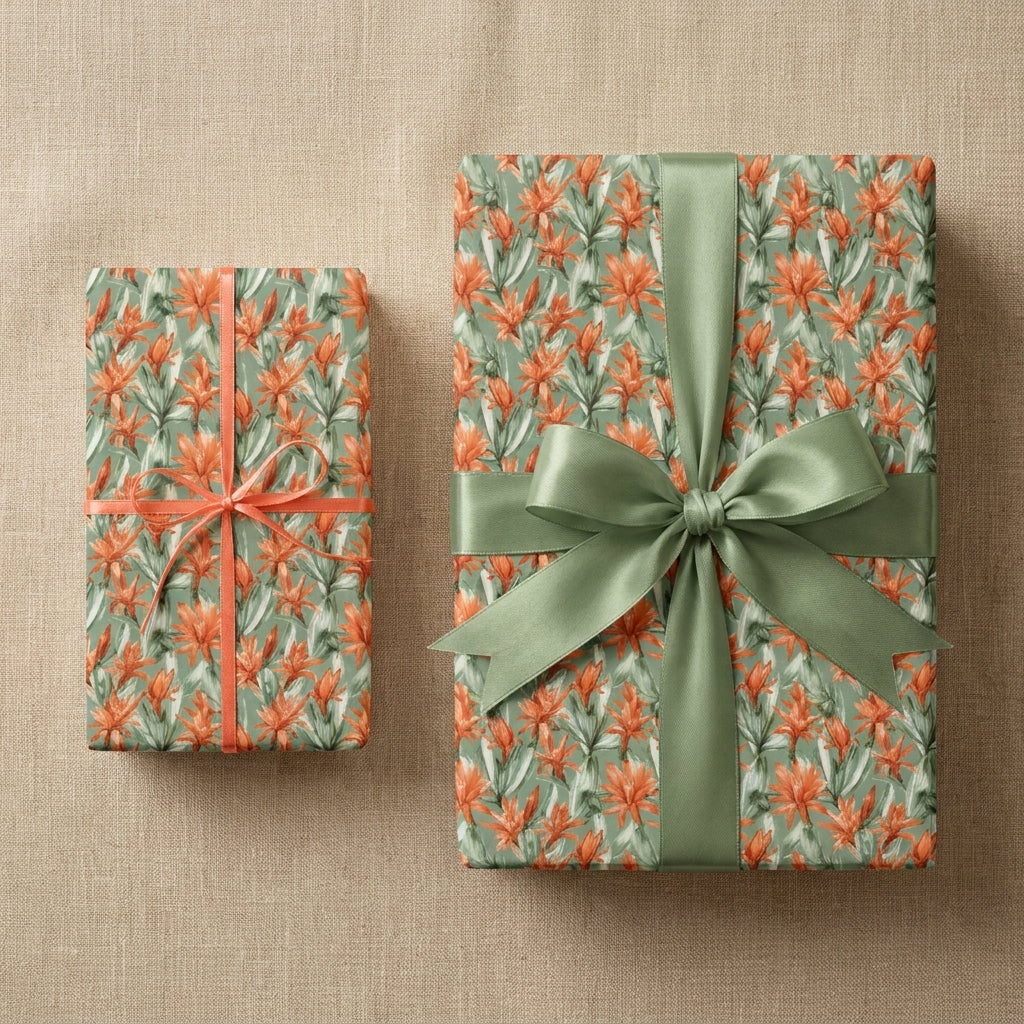 Sage green botanical floral wrapping paper with orange flowers and satin ribbons on gifts by Wrapped Studios.