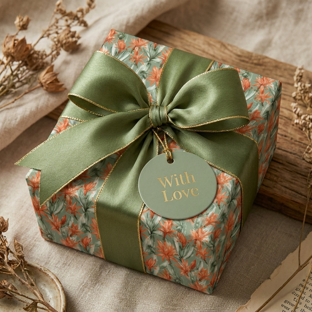 Vintage floral wrapping paper in sage green with a luxury satin bow and gift tag by Wrapped Studios.