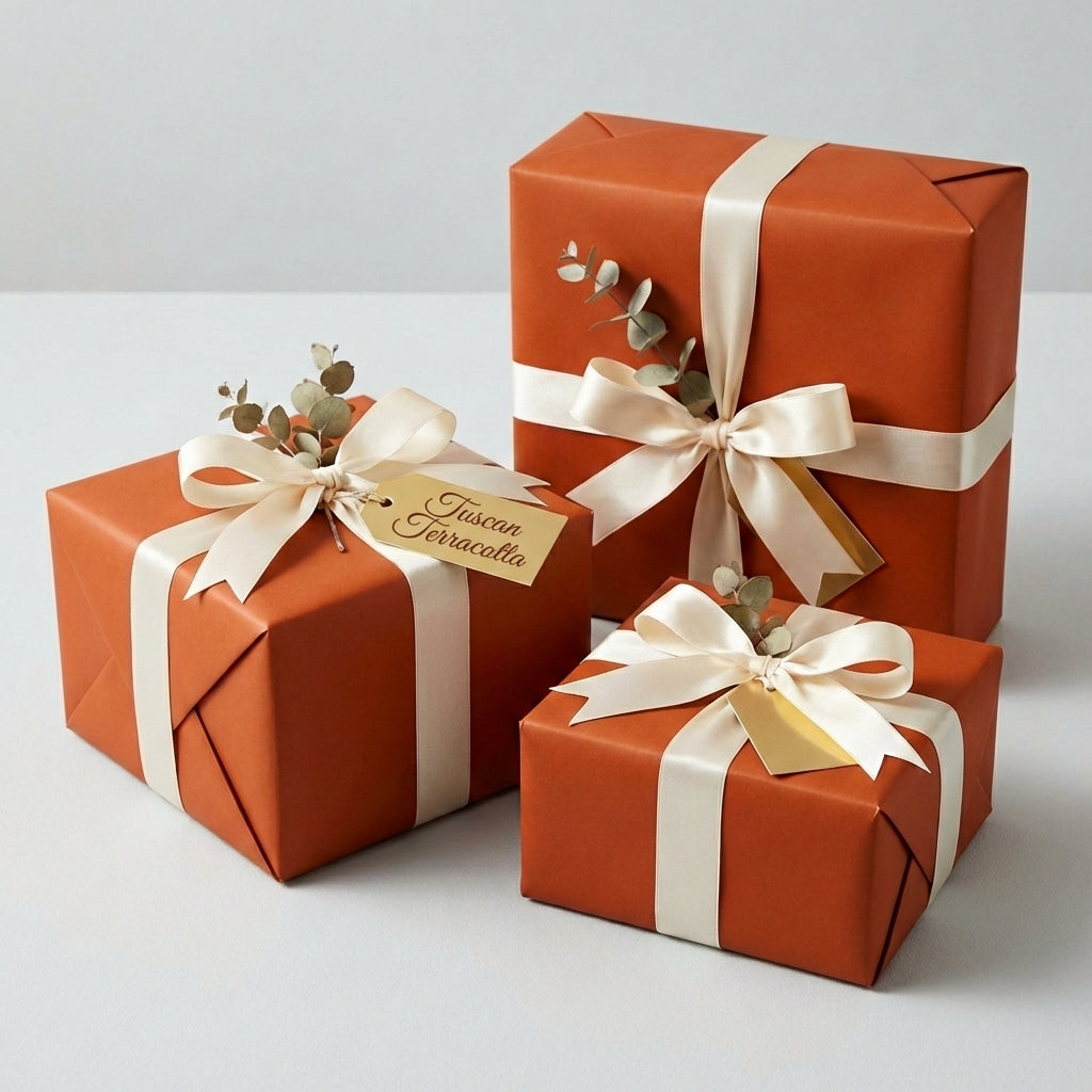 Terracotta wrapping paper with ivory satin ribbon and bow for elegant gift wrapping.
