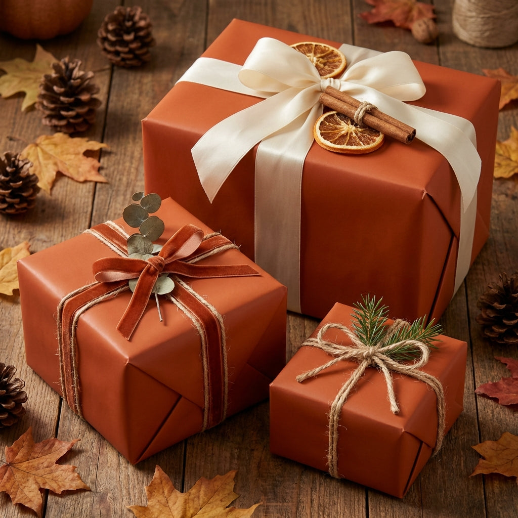 Rustic fall-themed gifts wrapped in terracotta solid color wrapping paper with ribbon and natural decorations on wood background.
