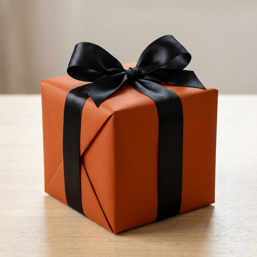Elegant rust-colored gift wrapping paper on a square present with a stylish black satin ribbon and bow.
