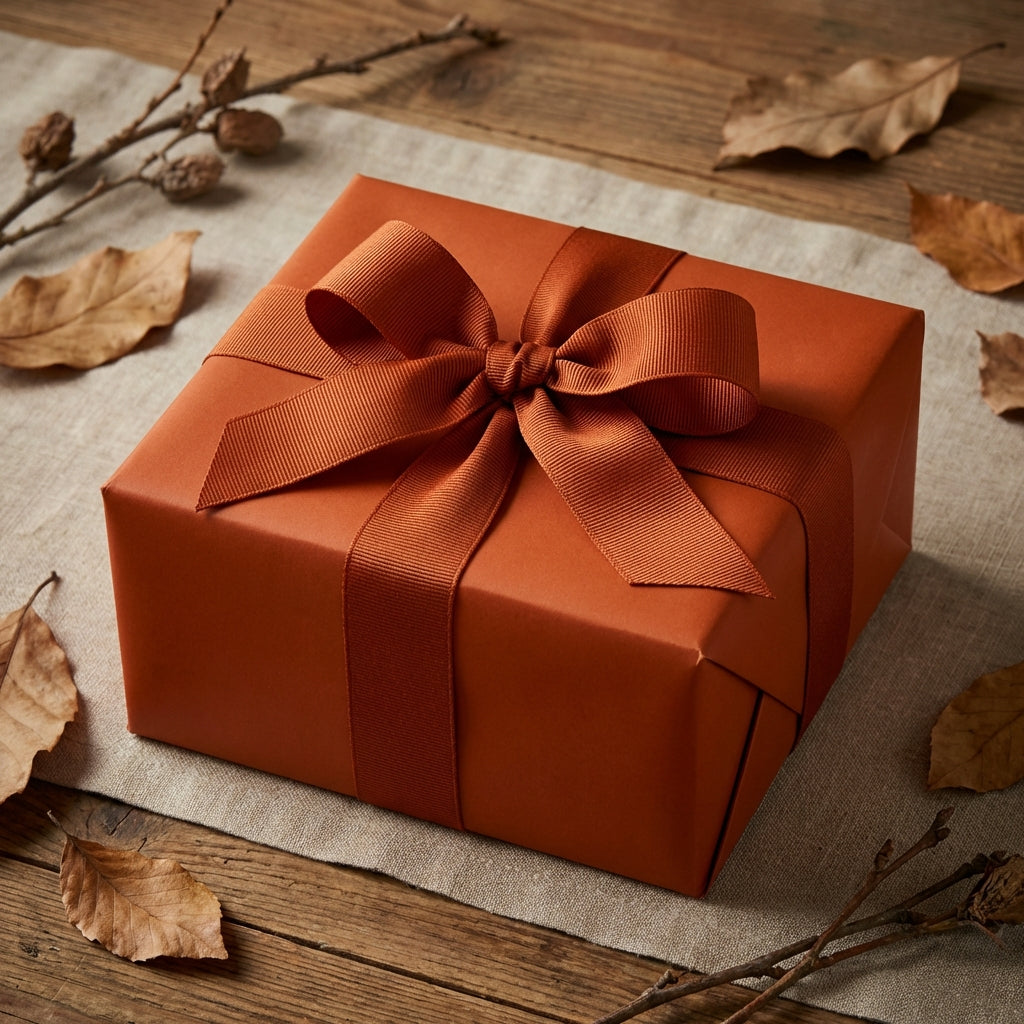 Autumn-themed gift with solid copper wrapping paper and rustic ribbon on a wooden table, perfect for fall birthdays.