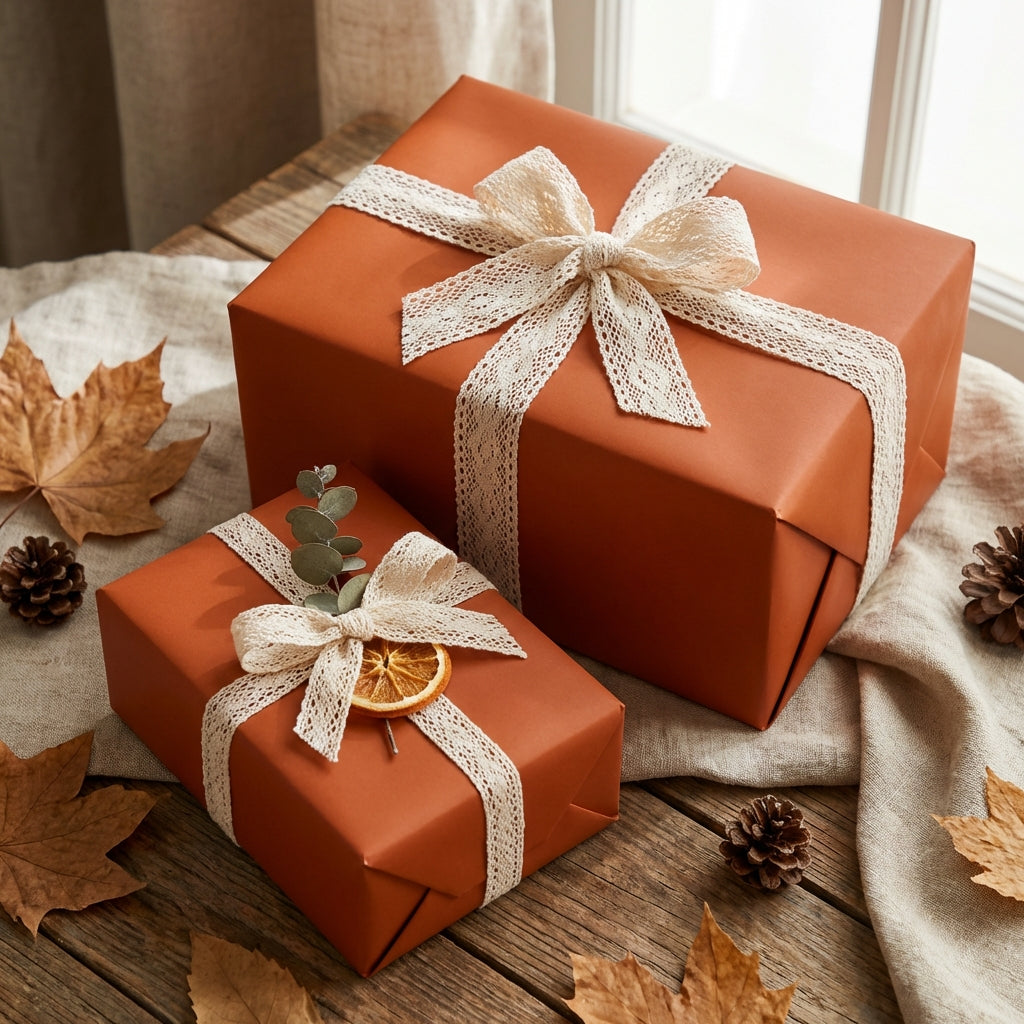 Burnt orange wrapping paper mockup with lace ribbon, perfect for elegant autumn or Thanksgiving gift wrapping.