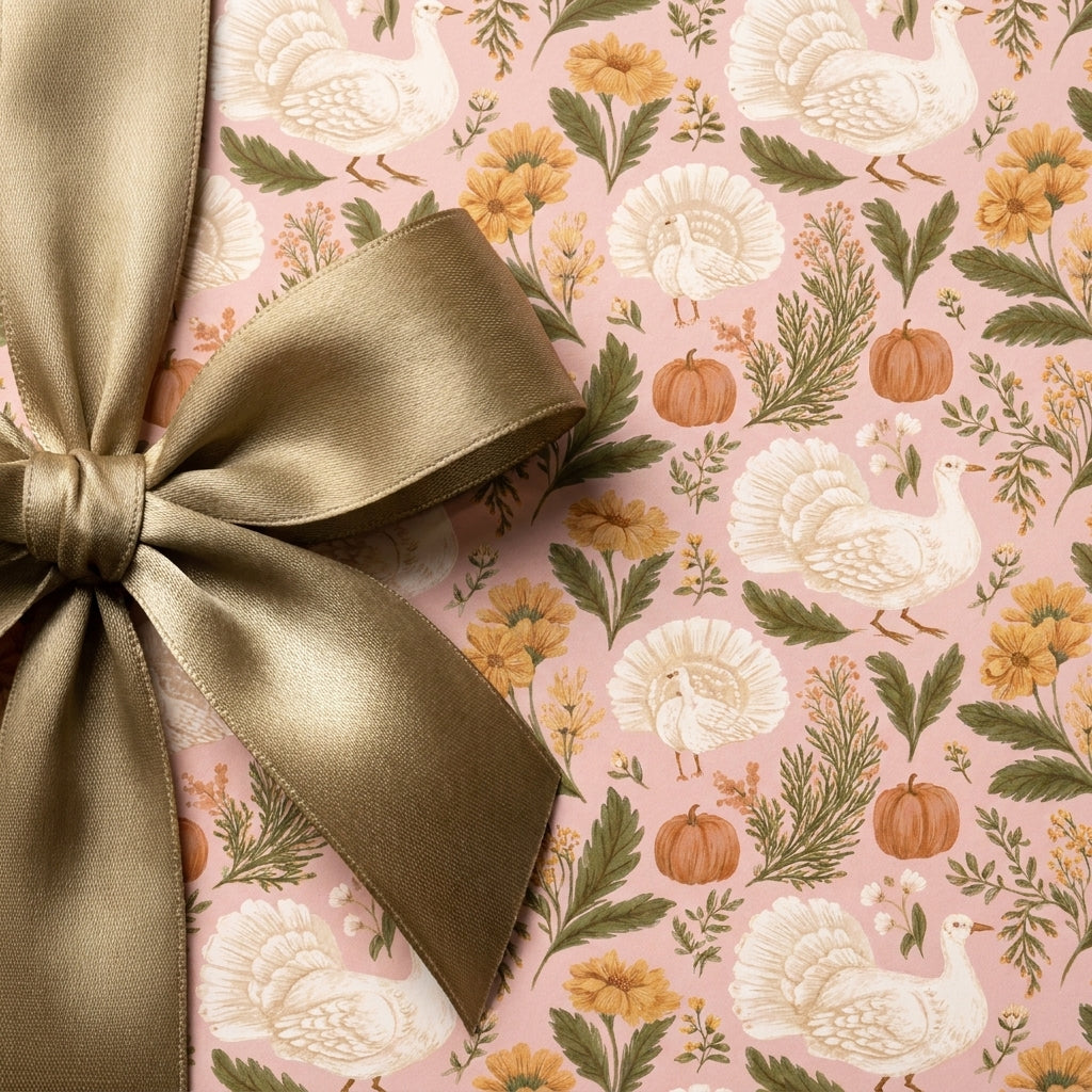 Thanksgiving wrapping paper with turkeys and pumpkins, tied with a gold satin bow by Wrapped Studios.