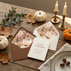 Rustic Thanksgiving turkey wrapping paper and envelope liners on a cozy wooden table by Wrapped Studios.