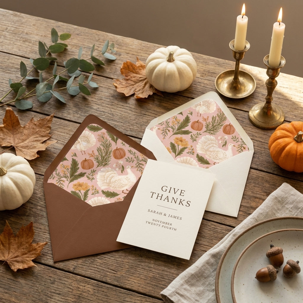 Rustic Thanksgiving turkey wrapping paper and envelope liners on a cozy wooden table by Wrapped Studios.