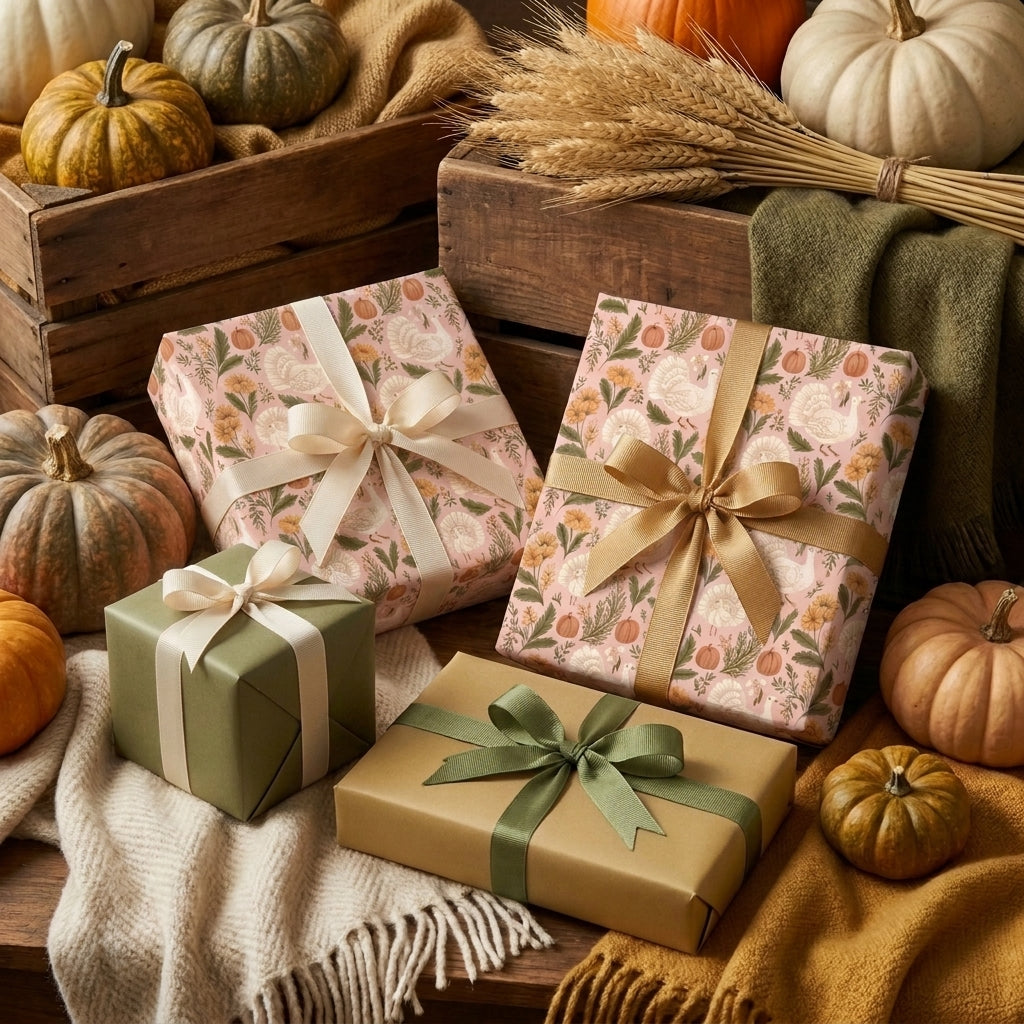 Blush Thanksgiving wrapping paper with turkey pattern on gift boxes with autumn pumpkins by Wrapped Studios.