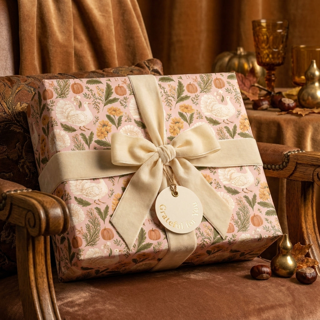 Pink Thanksgiving wrapping paper with a turkey pattern and cream velvet bow by Wrapped Studios.