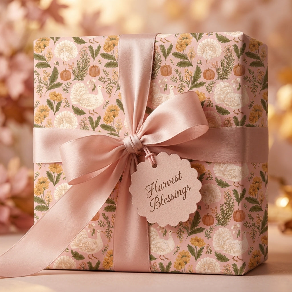Harvest Thanksgiving wrapping paper with turkeys, pumpkins, and a pink satin ribbon by Wrapped Studios.