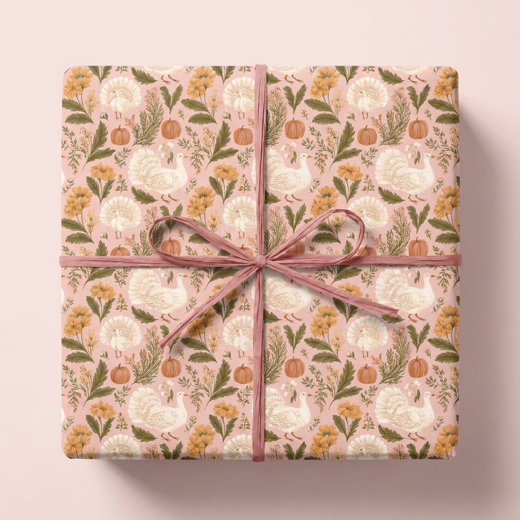 Thanksgiving wrapping paper with vintage turkey and pumpkin pattern, tied with a pink bow by Wrapped Studios.