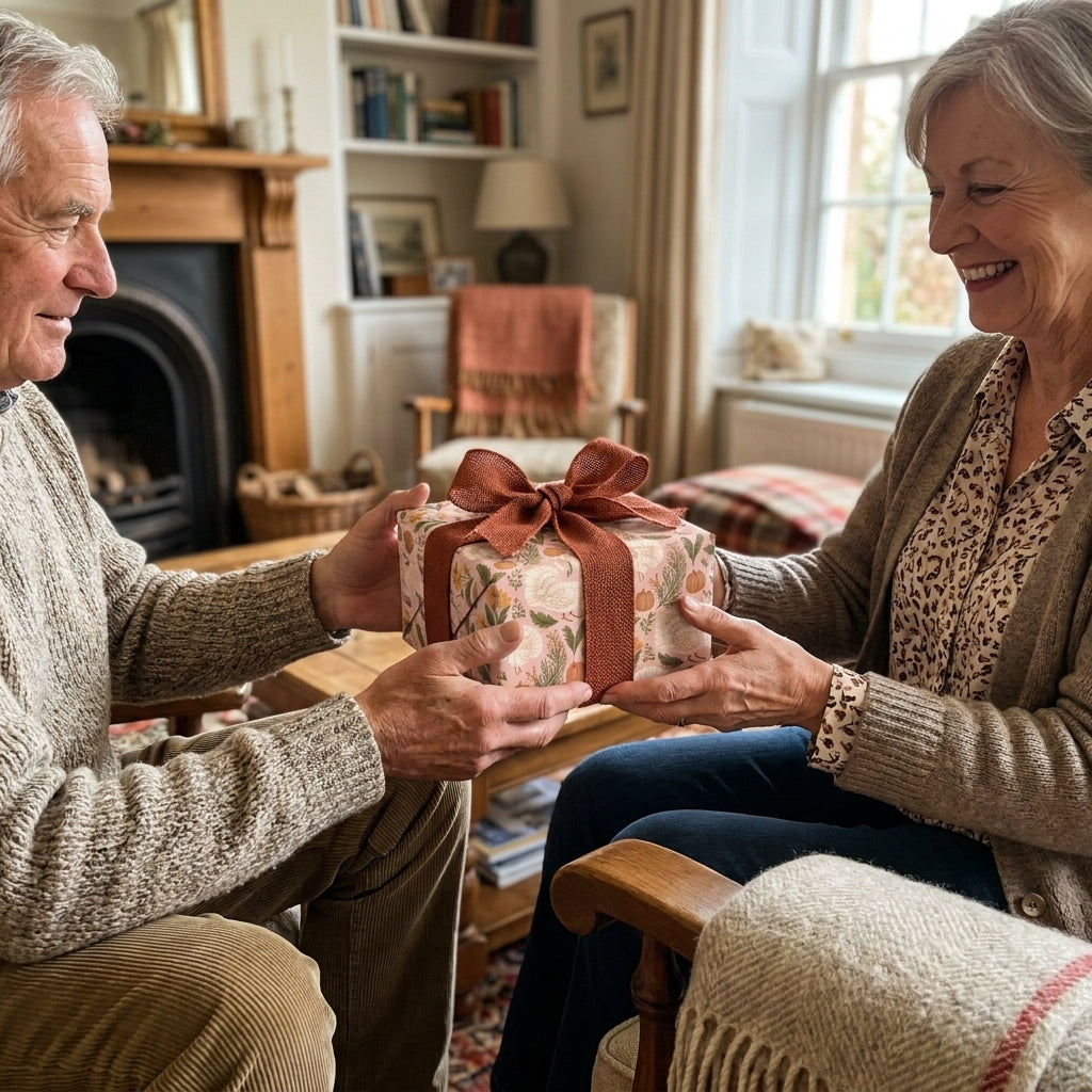 Senior couple exchanging gift in rustic botanical autumn wrapping paper with rust bow by Wrapped Studios.