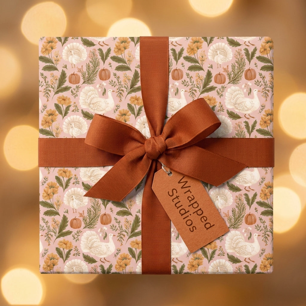 Thanksgiving wrapping paper with a turkey and pumpkin pattern, tied with a rust bow by Wrapped Studios.