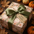 Thanksgiving wrapping paper with a turkey pattern and green ribbon on a gift box by Wrapped Studios.