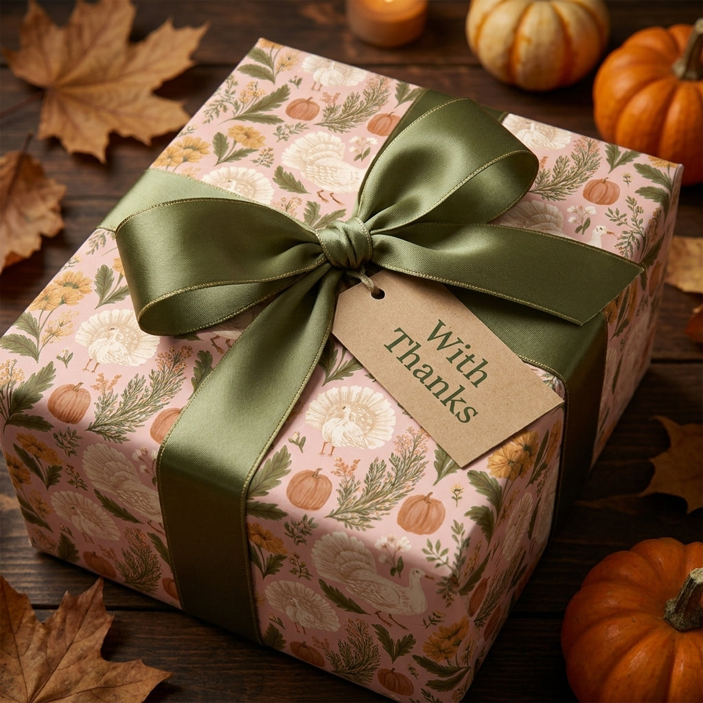 Thanksgiving wrapping paper with a turkey pattern and green ribbon on a gift box by Wrapped Studios.