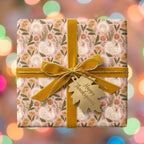 Thanksgiving wrapping paper with turkeys and pumpkins, styled with a mustard velvet bow by Wrapped Studios.