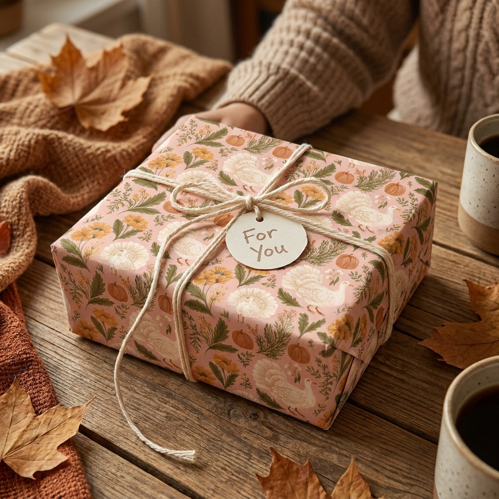 Rustic Thanksgiving wrapping paper with turkeys and pumpkins by Wrapped Studios, tied with twine.
