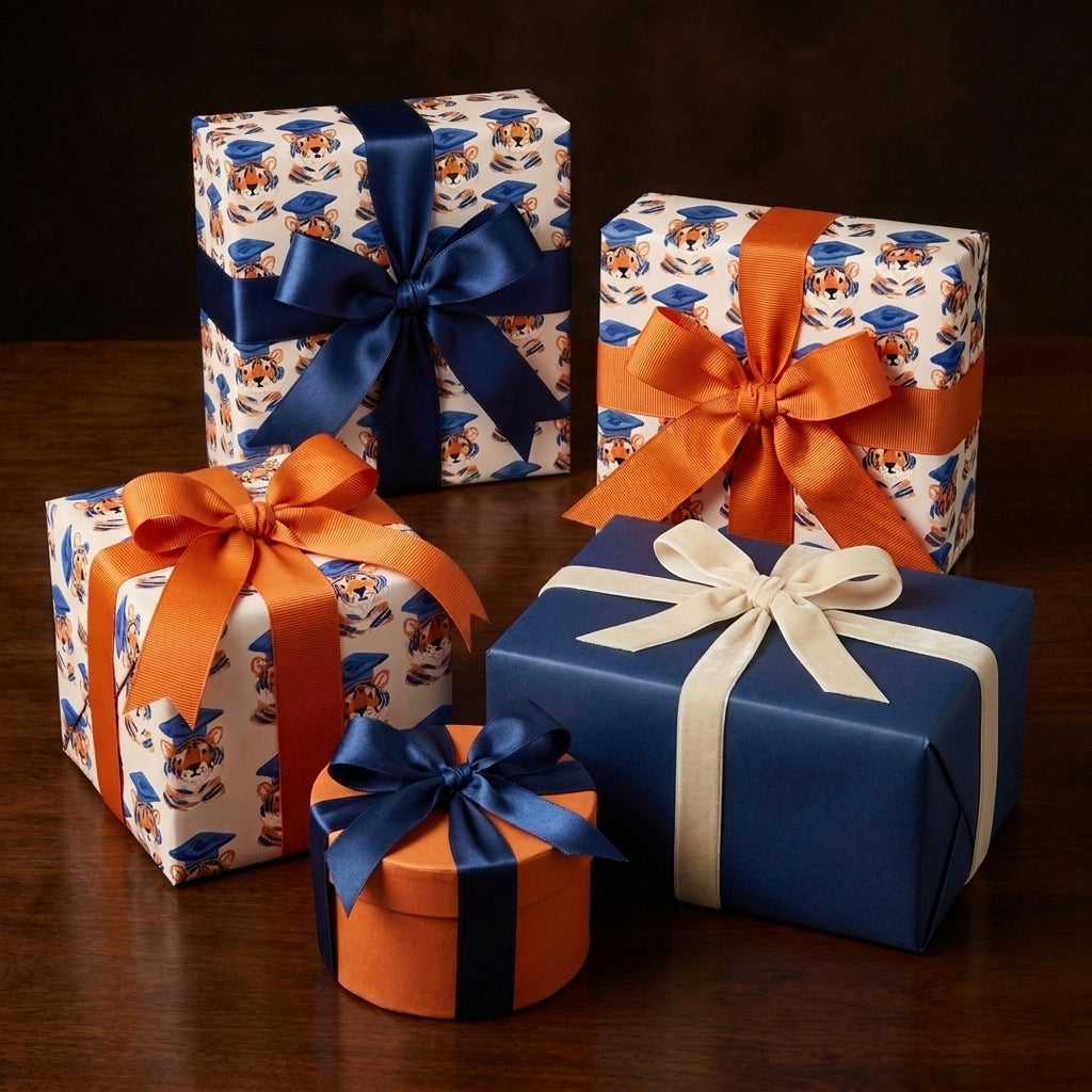 Tiger graduation wrapping paper with navy and orange bows on gift boxes by Wrapped Studios.