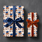 Cute tiger graduation wrapping paper with navy and rust velvet ribbons by Wrapped Studios.