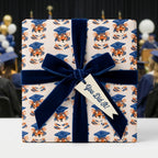 Cute tiger graduation wrapping paper with a navy velvet bow and You Did It tag by Wrapped Studios.