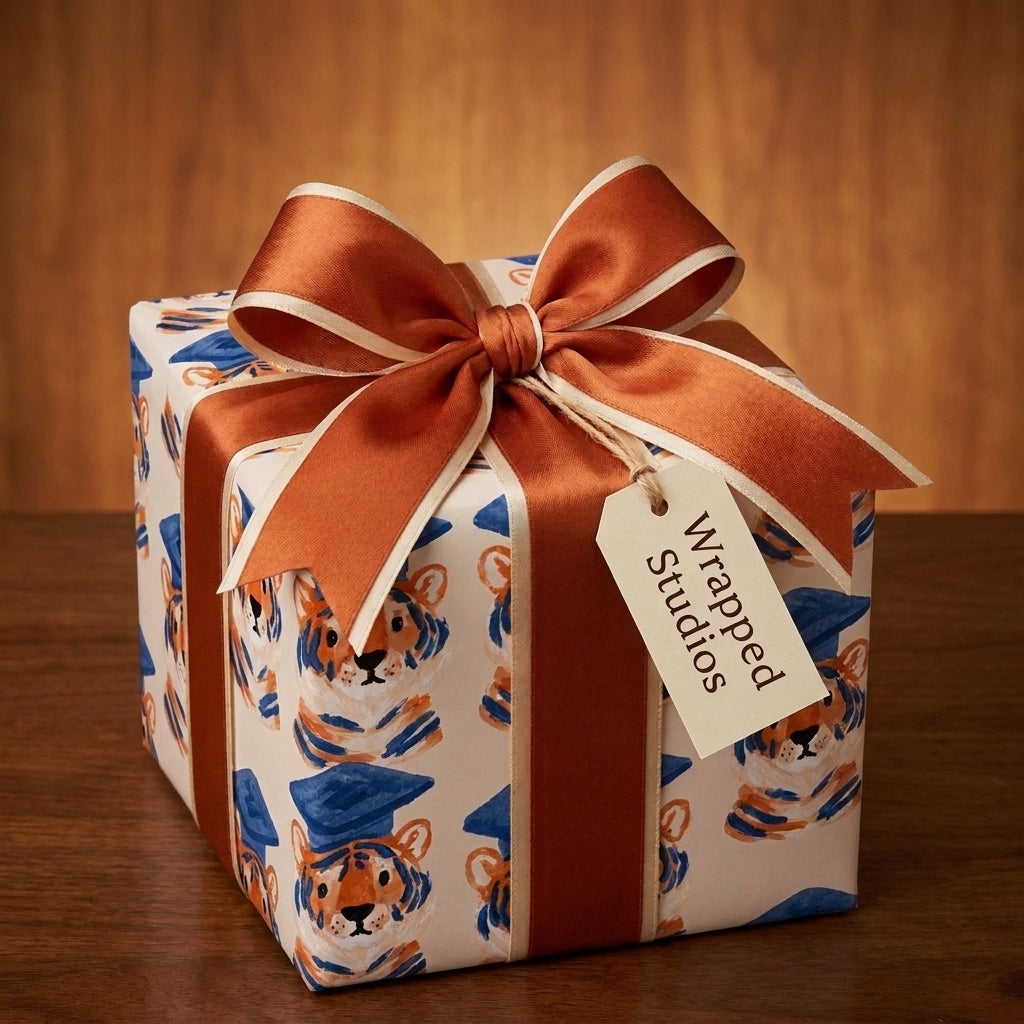 Graduation wrapping paper with cute watercolor tigers and a rust orange bow by Wrapped Studios.