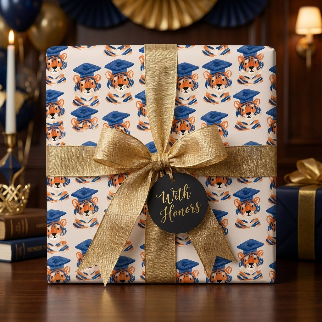 Cute tiger graduation wrapping paper with gold ribbon and honors tag by Wrapped Studios.