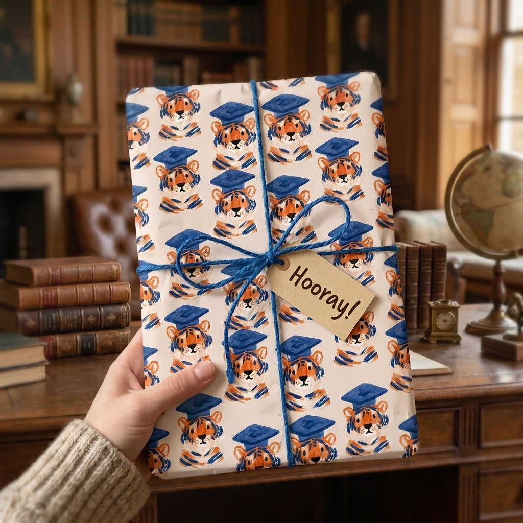 Tiger graduation wrapping paper with a blue twine bow and "Hooray!" tag by Wrapped Studios.