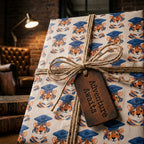 Tiger graduation wrapping paper with twine bow and leather tag by Wrapped Studios.