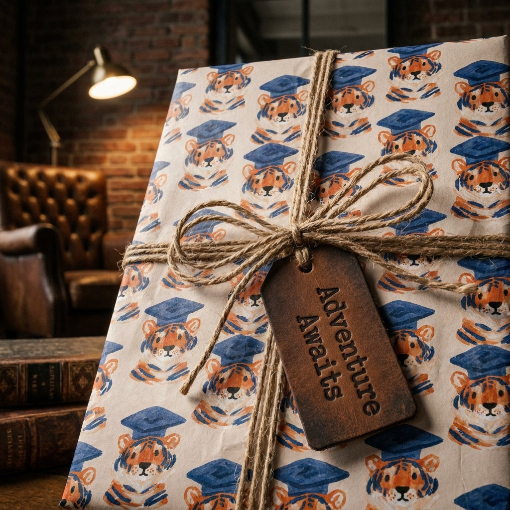 Tiger graduation wrapping paper with twine bow and leather tag by Wrapped Studios.
