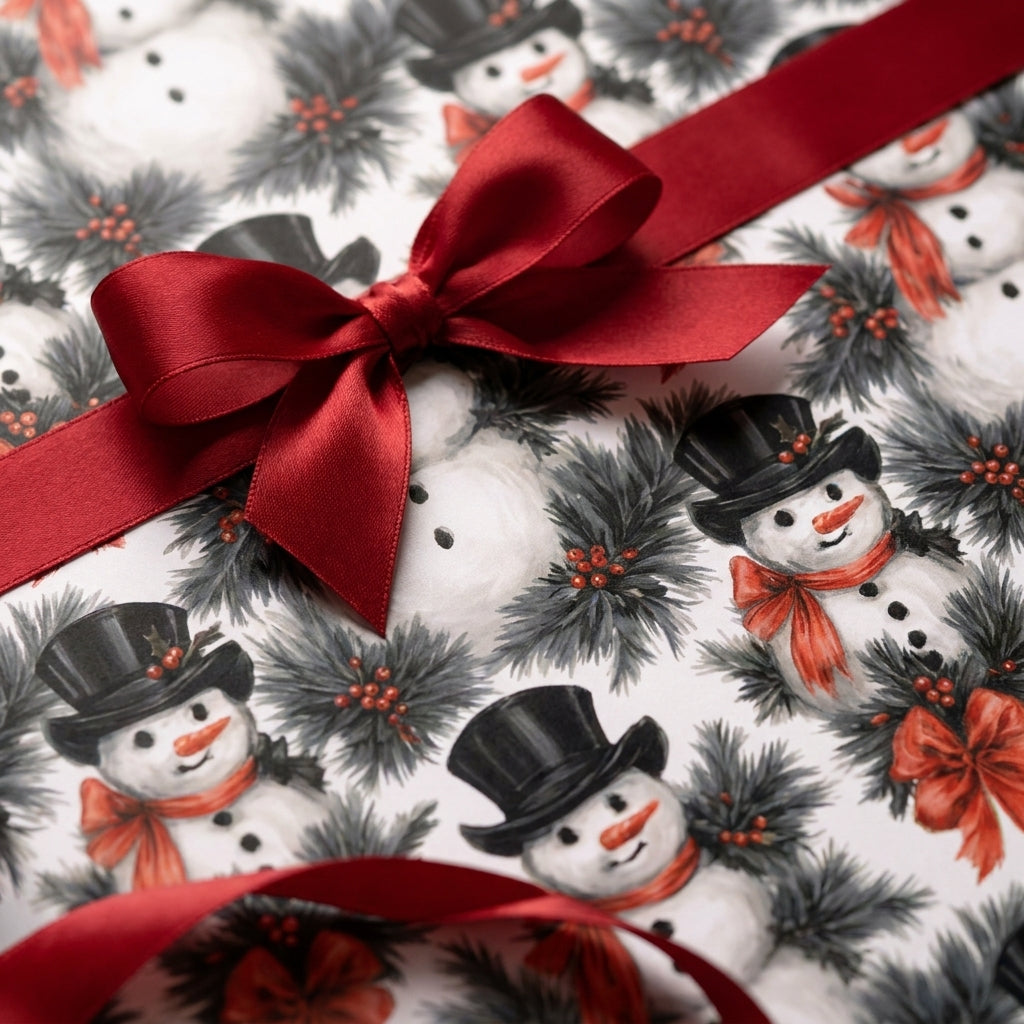 Vintage snowman Christmas wrapping paper with a red satin ribbon bow, by Wrapped Studios.