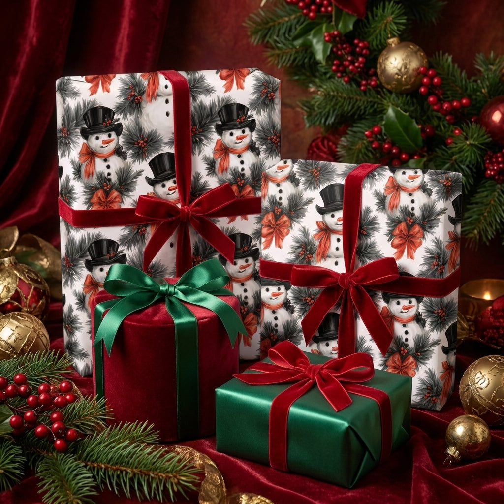 Vintage snowman Christmas wrapping paper with red velvet ribbons on holiday gifts by Wrapped Studios.