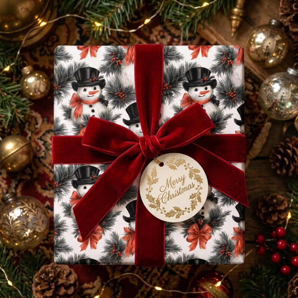 Vintage snowman Christmas wrapping paper by Wrapped Studios with a luxury red velvet bow.