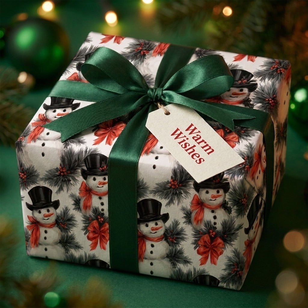 Vintage snowman Christmas wrapping paper with a green satin ribbon and tag by Wrapped Studios.