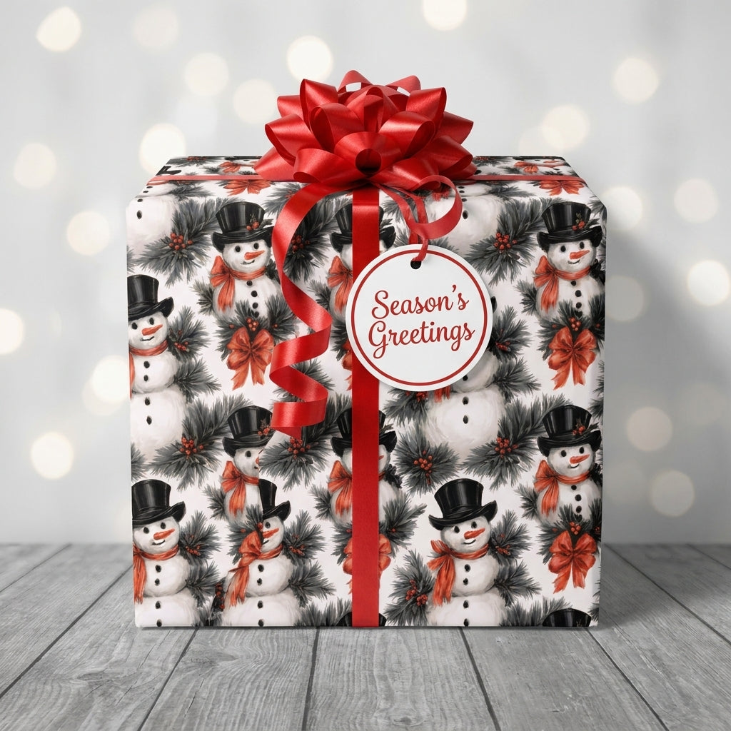 Snowman Christmas wrapping paper with a red bow and Season’s Greetings tag by Wrapped Studios.